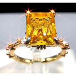 Yellow Radiant Cut Crystal Gemstone Ring With Brass Gold-Plated Band Size 5